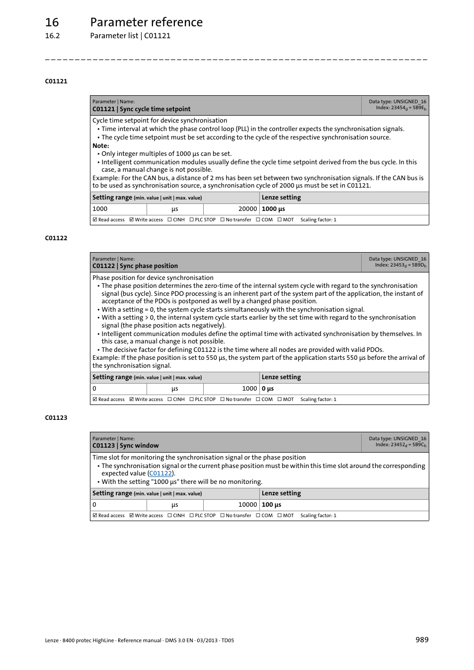 C01121 | sync cycle time setpoint, C01122 | sync phase position, C01123 | sync window | C01121, Selected in, C01122, C01123, Rmining, The poin, 16 parameter reference | Lenze 8400 User Manual | Page 989 / 1494