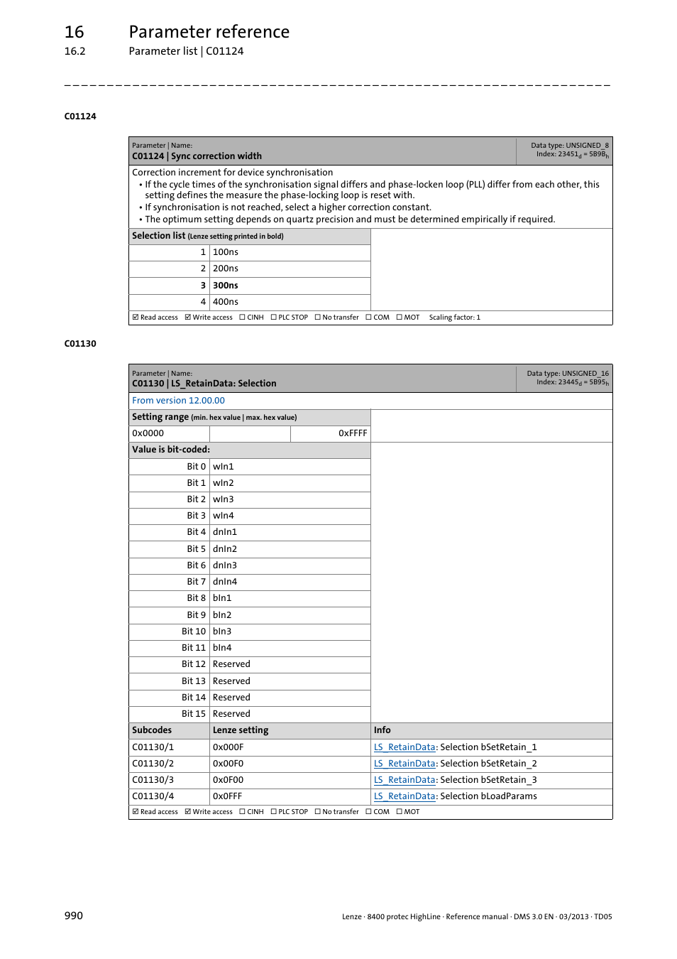 C01124 | sync correction width, C01130 | ls_retaindata: selection, C01124 | 16 parameter reference | Lenze 8400 User Manual | Page 990 / 1494