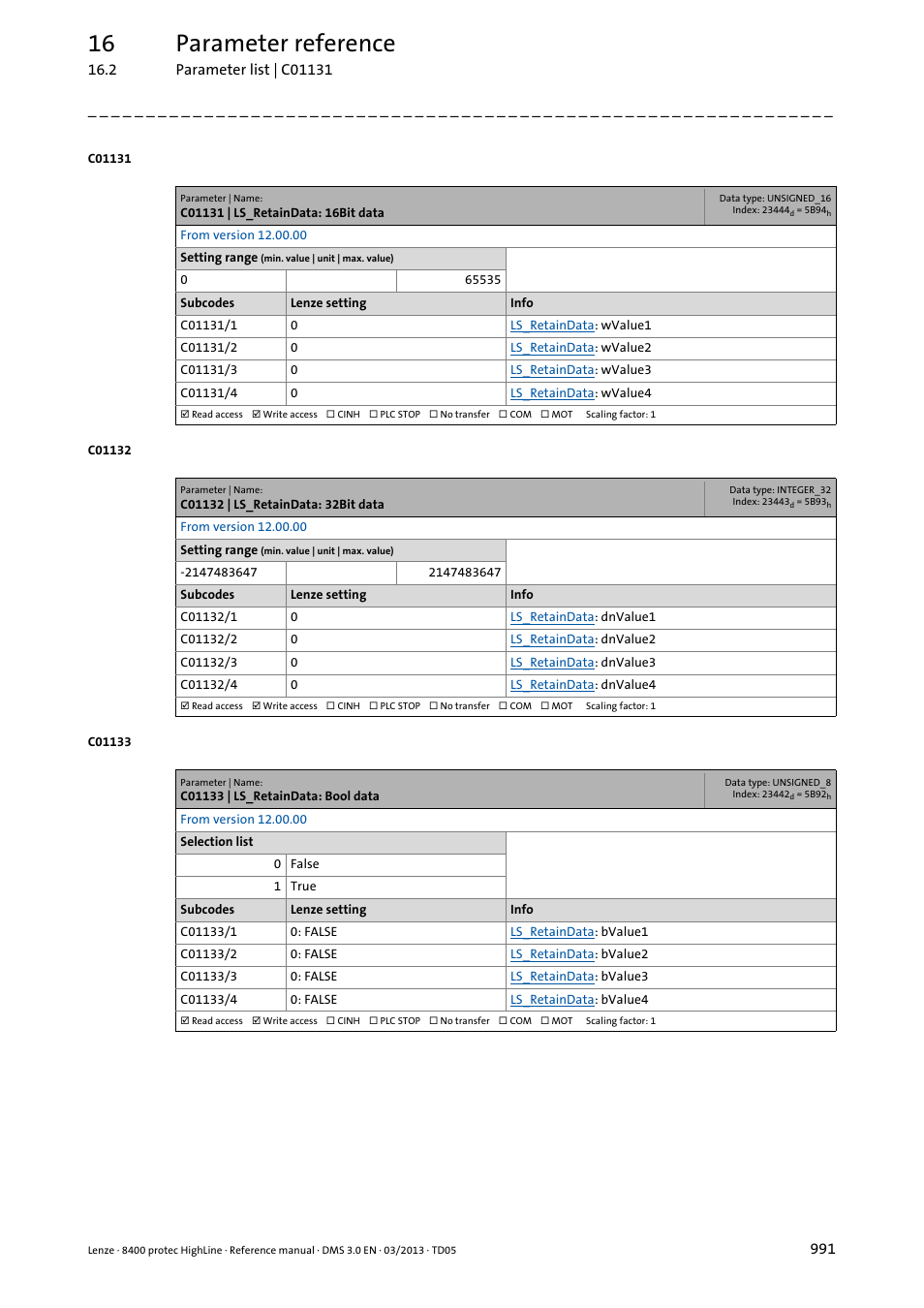 C01131 | ls_retaindata: 16bit data, C01132 | ls_retaindata: 32bit data, C01133 | ls_retaindata: bool data | 16 parameter reference | Lenze 8400 User Manual | Page 991 / 1494