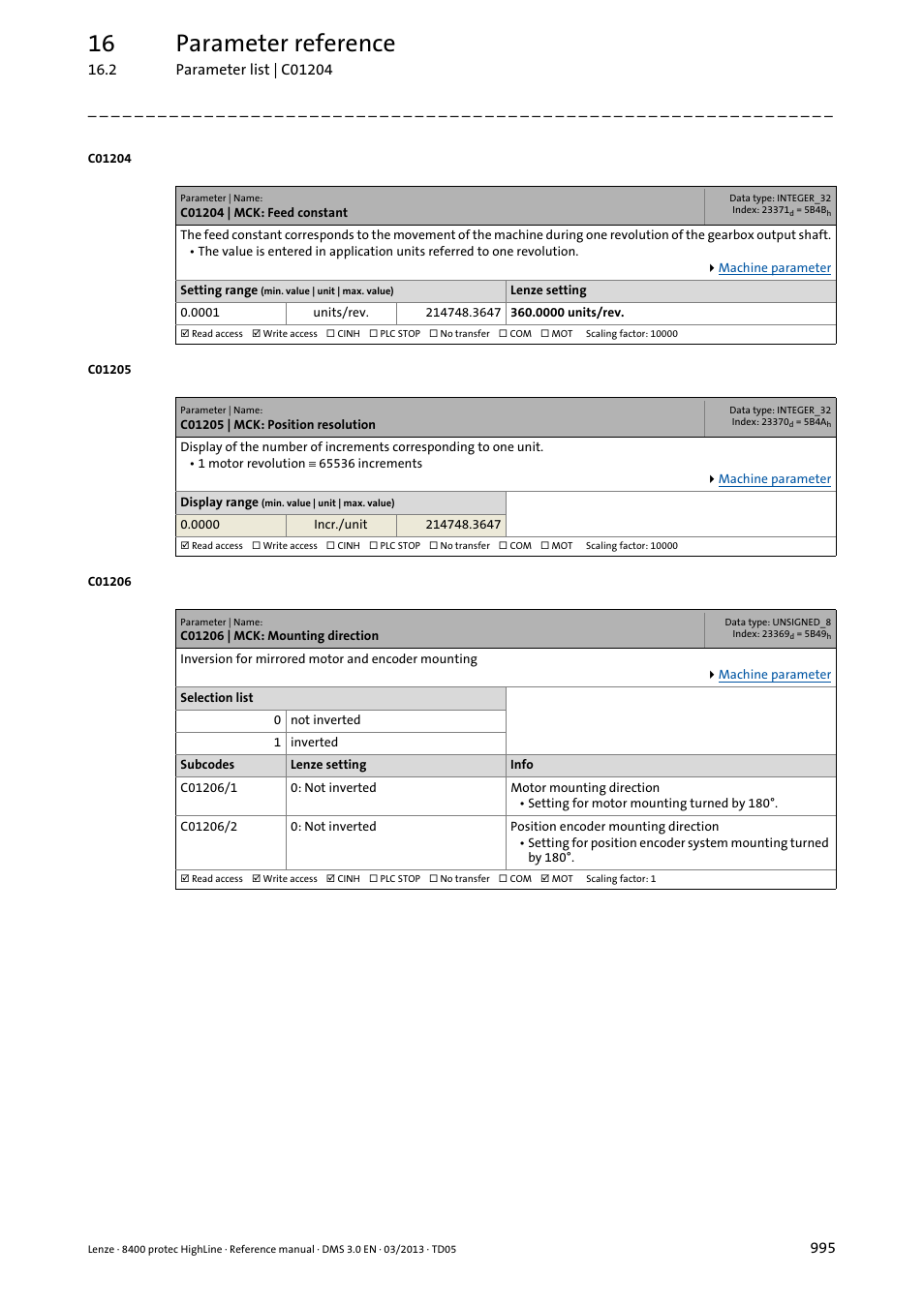 C01204 | mck: feed constant, C01205 | mck: position resolution, C01206 | mck: mounting direction | C01206/1, C01206/2, C01204, C1204, C01205, 16 parameter reference | Lenze 8400 User Manual | Page 995 / 1494