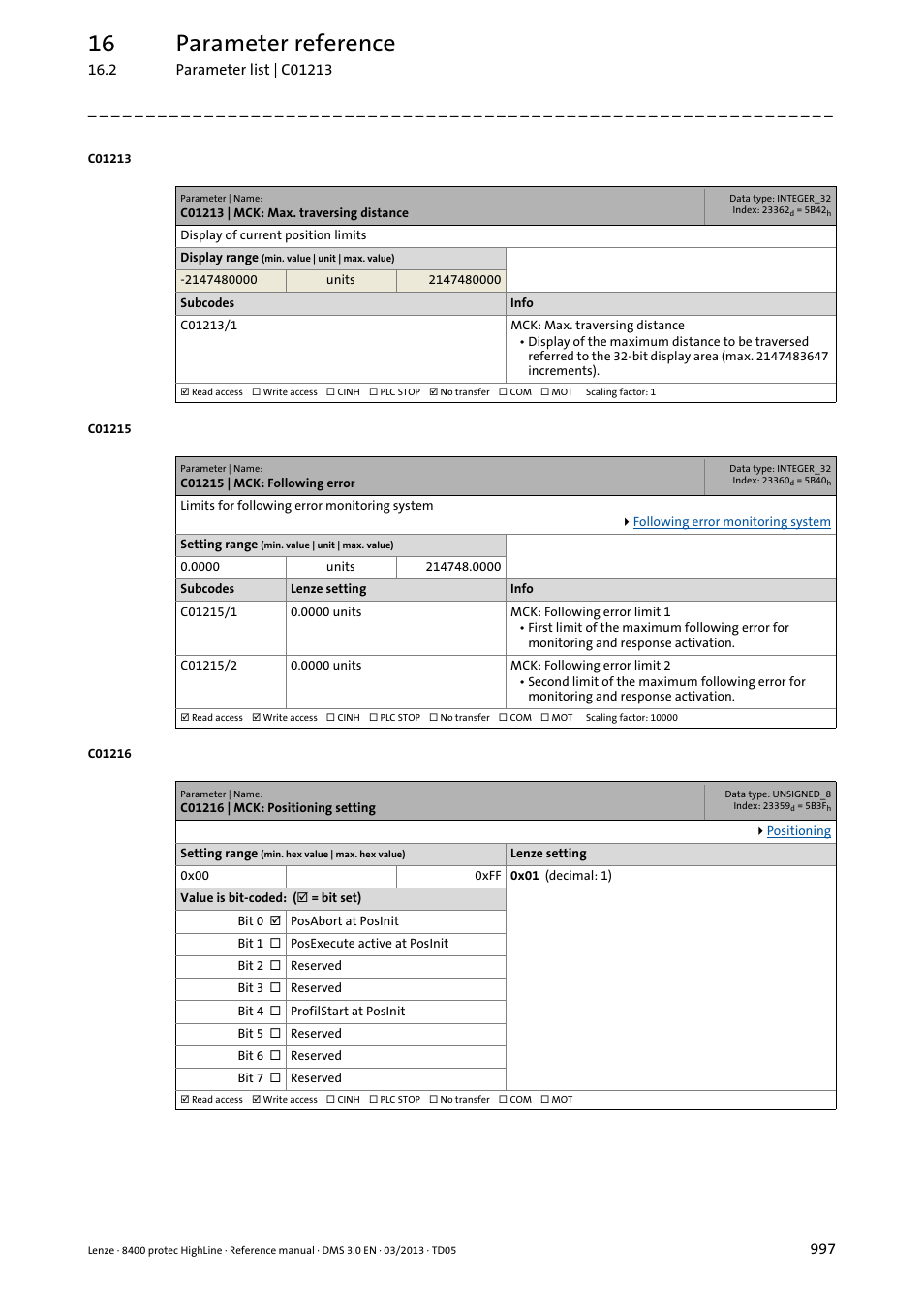 C01213 | mck: max. traversing distance, C01215 | mck: following error, C01216 | mck: positioning setting | C01244/2, C01215/2, C01216, G in, C01213/1, C01215/1, Ror in | Lenze 8400 User Manual | Page 997 / 1494
