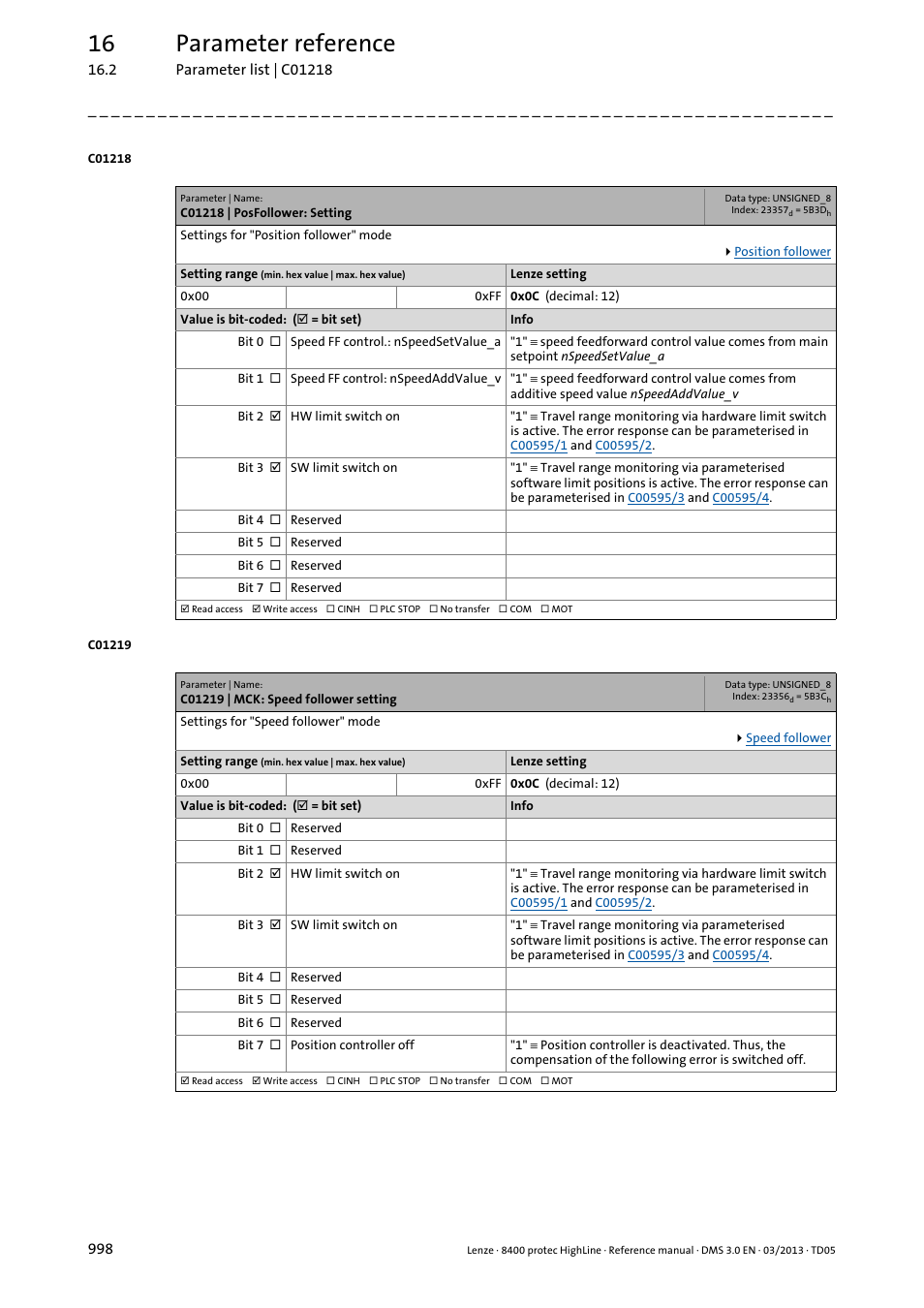 C01218 | posfollower: setting, C01219 | mck: speed follower setting, C01218 | C01219, 16 parameter reference | Lenze 8400 User Manual | Page 998 / 1494