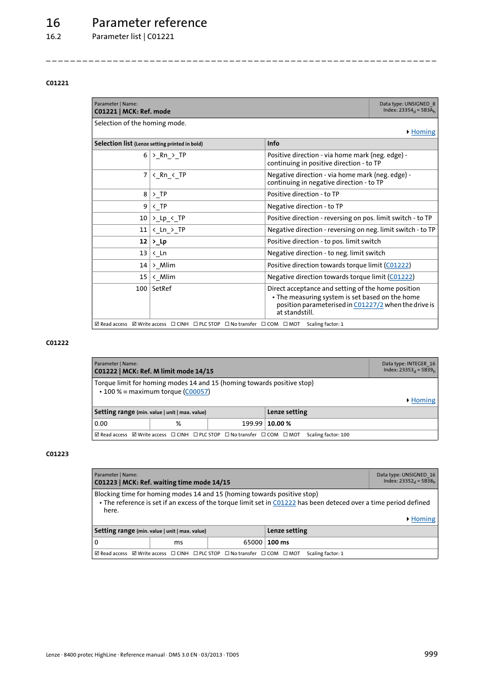 C01221 | mck: ref. mode, C01222 | mck: ref. m limit mode 14/15, C01223 | mck: ref. waiting time mode 14/15 | C01221, C01222, C01223, Homing to positive stop"), 16 parameter reference | Lenze 8400 User Manual | Page 999 / 1494