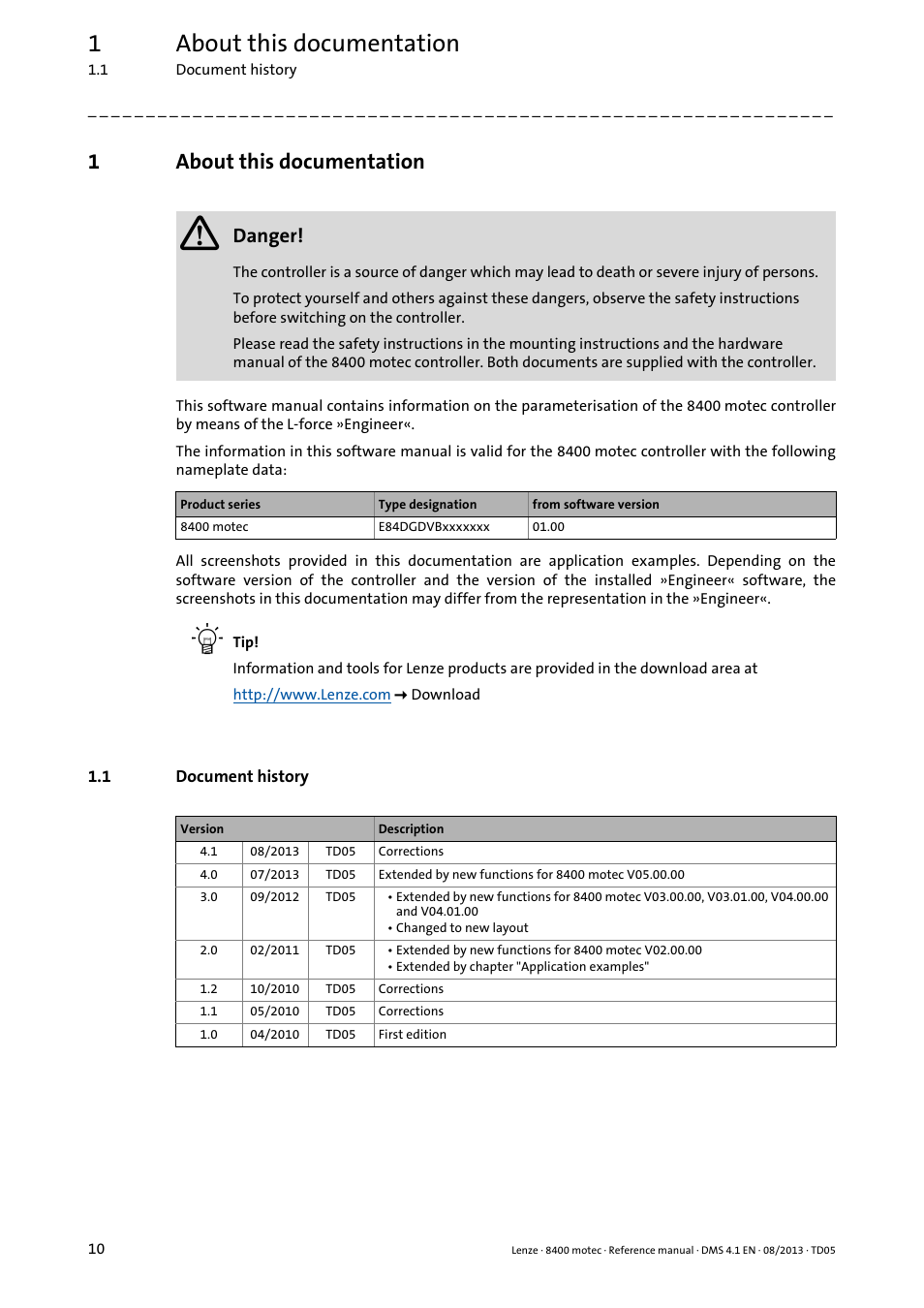 1 about this documentation, 1 document history, About this documentation | Document history, 1about this documentation | Lenze 8400 motec User Manual | Page 10 / 518