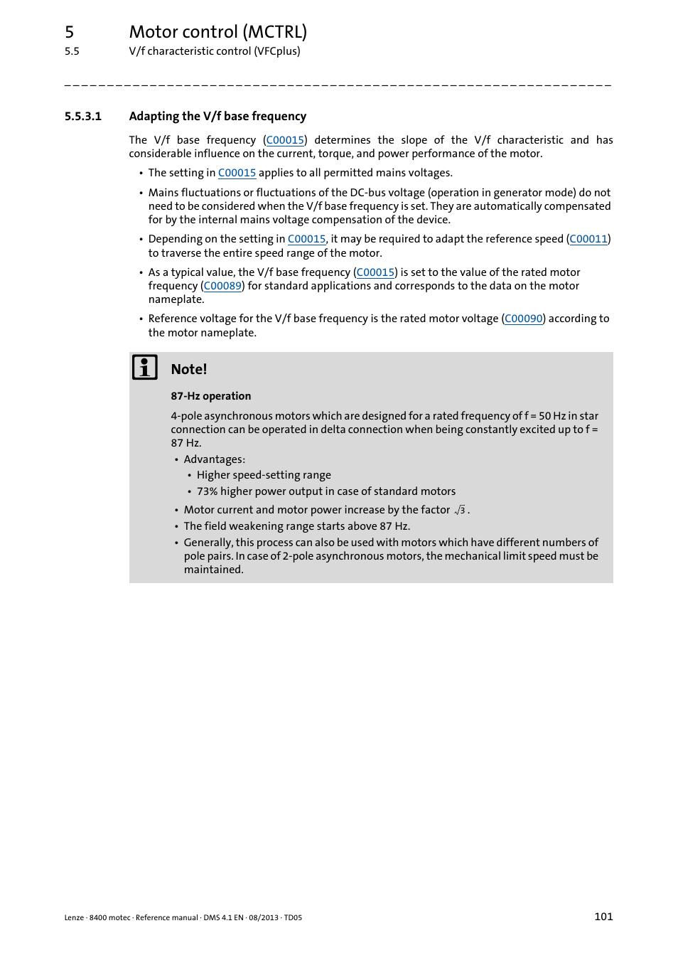 1 adapting the v/f base frequency, Adapting the v/f base frequency, Adapting the v/f base frequency ( 101) | 5motor control (mctrl) | Lenze 8400 motec User Manual | Page 101 / 518