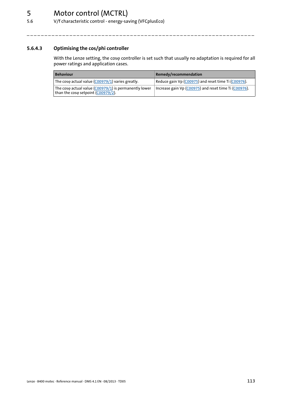 3 optimising the cos/phi controller, Optimising the cos/phi controller, 5motor control (mctrl) | Lenze 8400 motec User Manual | Page 113 / 518