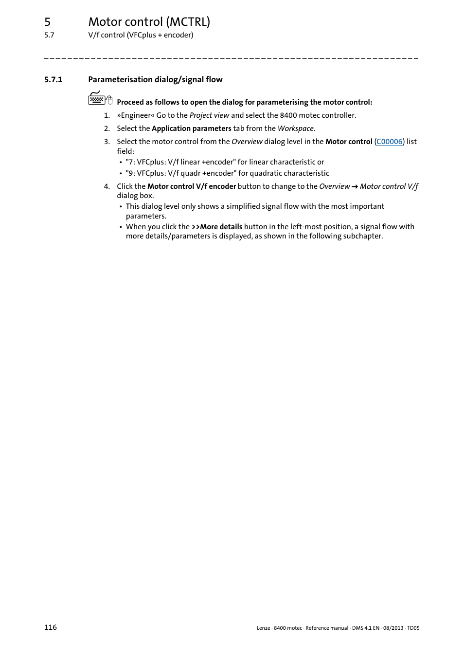 1 parameterisation dialog/signal flow, Parameterisation dialog/signal flow, 5motor control (mctrl) | Lenze 8400 motec User Manual | Page 116 / 518