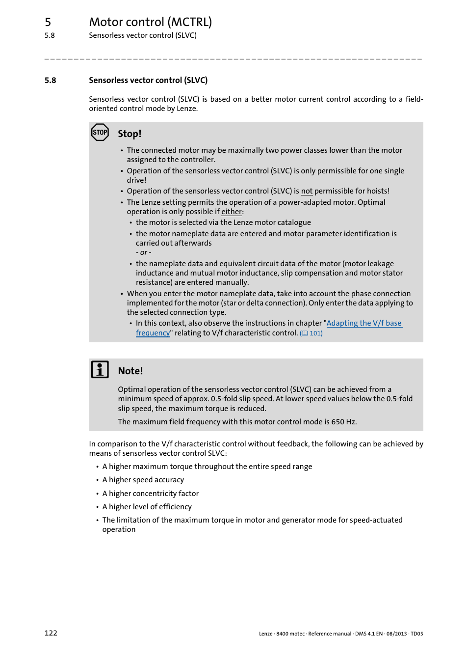 8 sensorless vector control (slvc), Sensorless vector control (slvc), 5motor control (mctrl) | Lenze 8400 motec User Manual | Page 122 / 518
