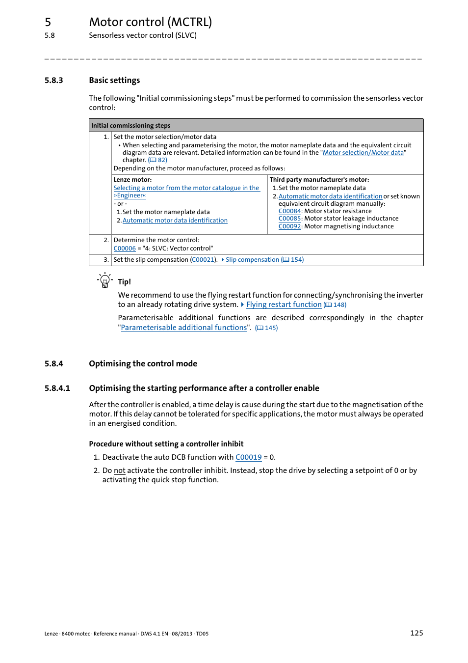3 basic settings, 4 optimising the control mode, Basic settings | Optimising the control mode, 5motor control (mctrl) | Lenze 8400 motec User Manual | Page 125 / 518