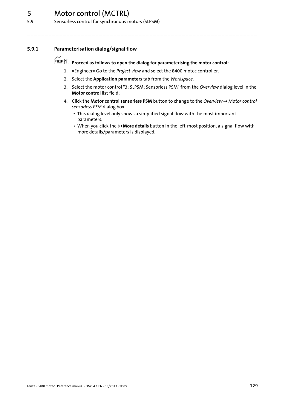 1 parameterisation dialog/signal flow, Parameterisation dialog/signal flow, 5motor control (mctrl) | Lenze 8400 motec User Manual | Page 129 / 518