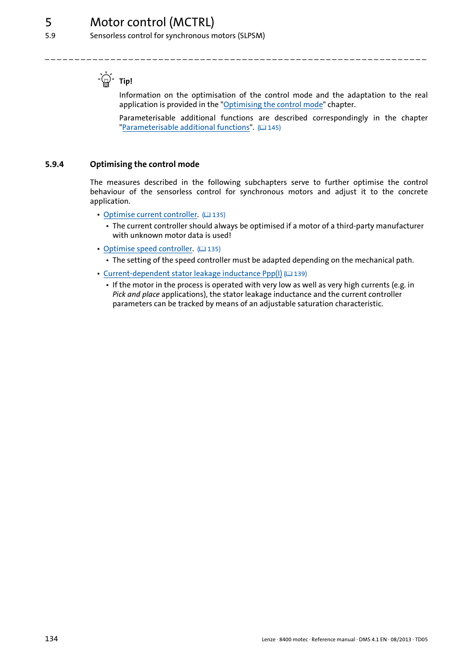 4 optimising the control mode, Optimising the control mode, 5motor control (mctrl) | Lenze 8400 motec User Manual | Page 134 / 518