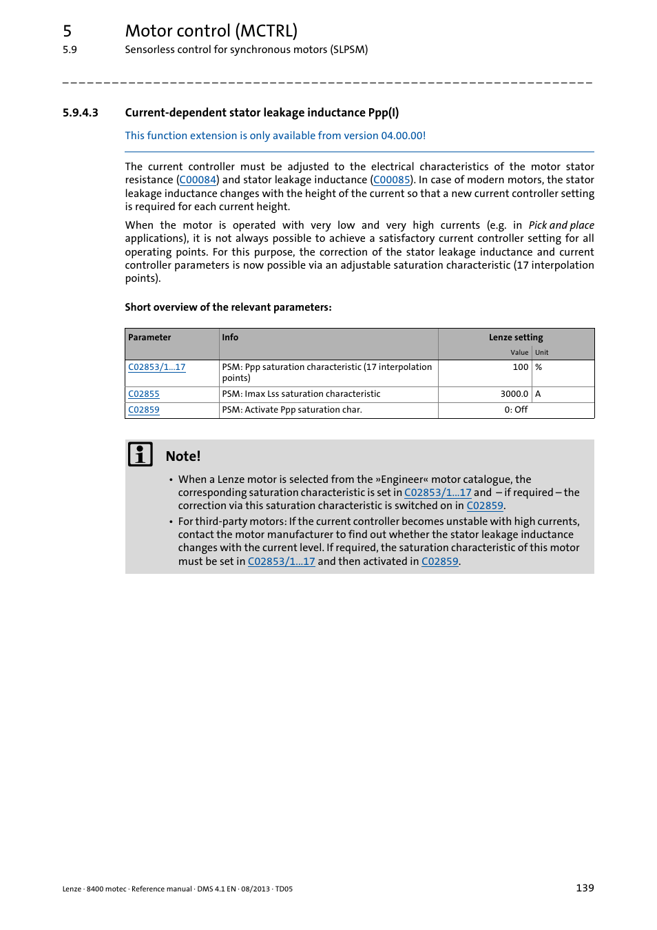 Current-dependent stator leakage inductance ppp(i), 5motor control (mctrl) | Lenze 8400 motec User Manual | Page 139 / 518