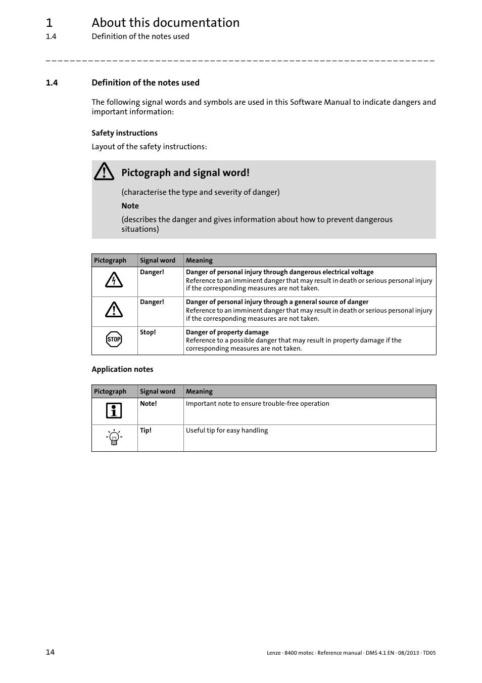4 definition of the notes used, Definition of the notes used, 1about this documentation | Lenze 8400 motec User Manual | Page 14 / 518