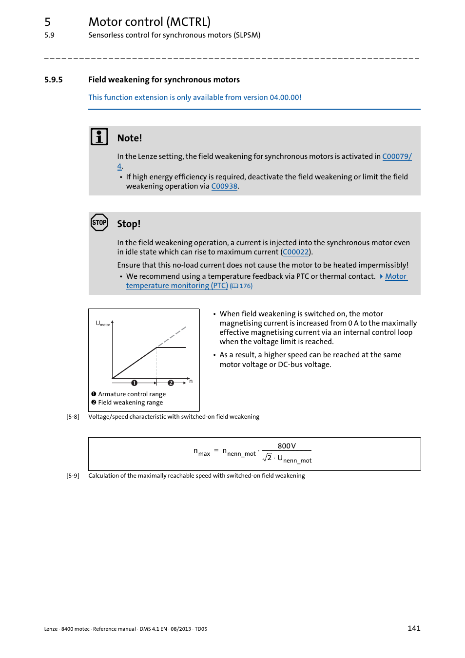 5 field weakening for synchronous motors, Field weakening for synchronous motors, 5motor control (mctrl) | Lenze 8400 motec User Manual | Page 141 / 518