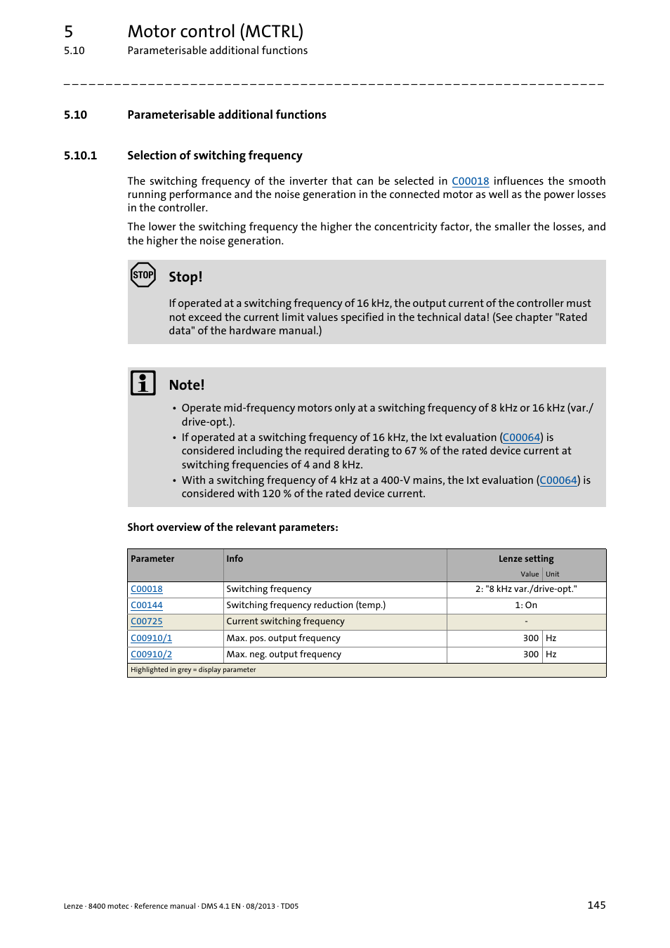 10 parameterisable additional functions, 1 selection of switching frequency, Selection of switching frequency | Parameterisable additional functions, 5motor control (mctrl) | Lenze 8400 motec User Manual | Page 145 / 518