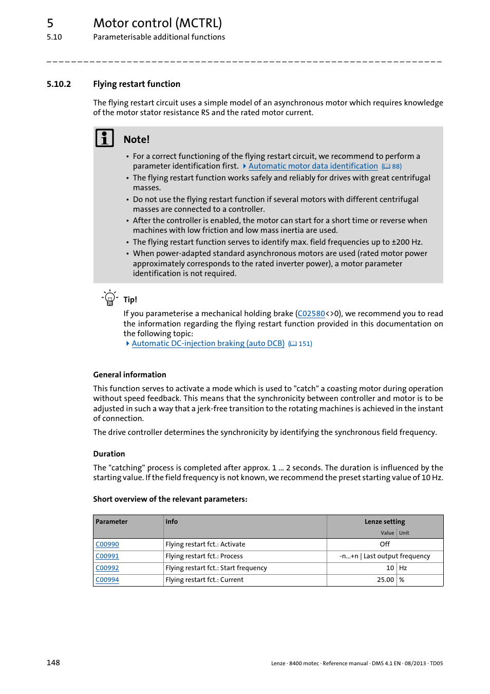 2 flying restart function, Drive, Flying restart func | Tion, Flying restart function, 5motor control (mctrl) | Lenze 8400 motec User Manual | Page 148 / 518