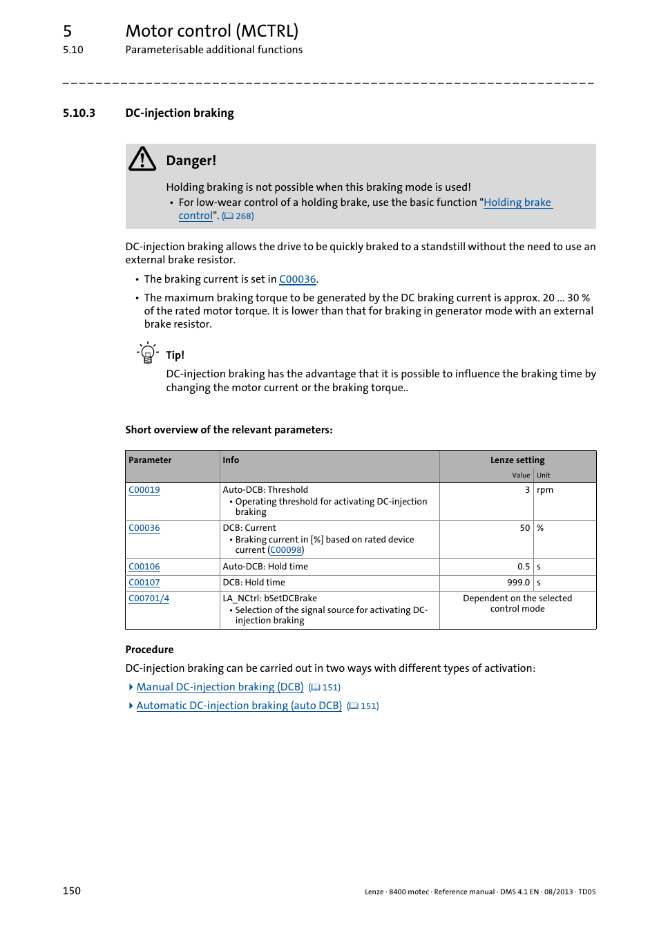 3 dc-injection braking, Dc-injection braking, 5motor control (mctrl) | Lenze 8400 motec User Manual | Page 150 / 518