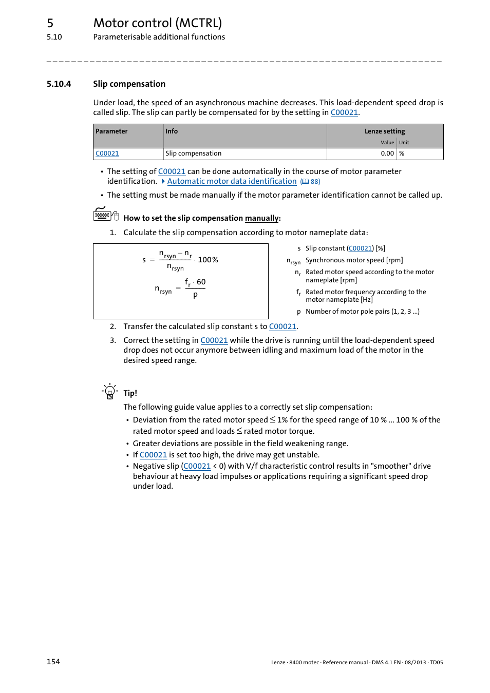 4 slip compensation, Slip compensation, Slip compensation ( 154) | 5motor control (mctrl) | Lenze 8400 motec User Manual | Page 154 / 518