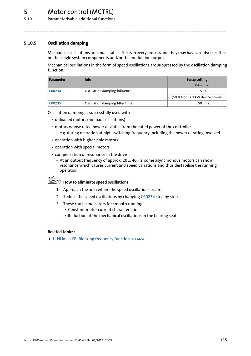 5 oscillation damping, Oscillation damping, 5motor control (mctrl) | Lenze 8400 motec User Manual | Page 155 / 518