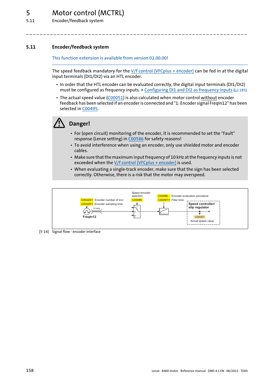 11 encoder/feedback system, Encoder/feedback system, Encoder/feedback system ( 158) | 5motor control (mctrl), Danger | Lenze 8400 motec User Manual | Page 158 / 518