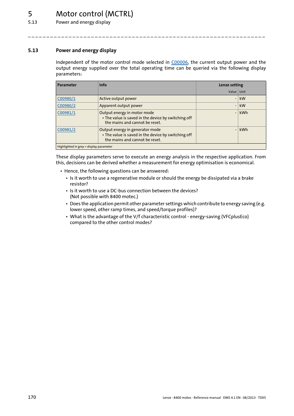 13 power and energy display, Power and energy display, 5motor control (mctrl) | Lenze 8400 motec User Manual | Page 170 / 518