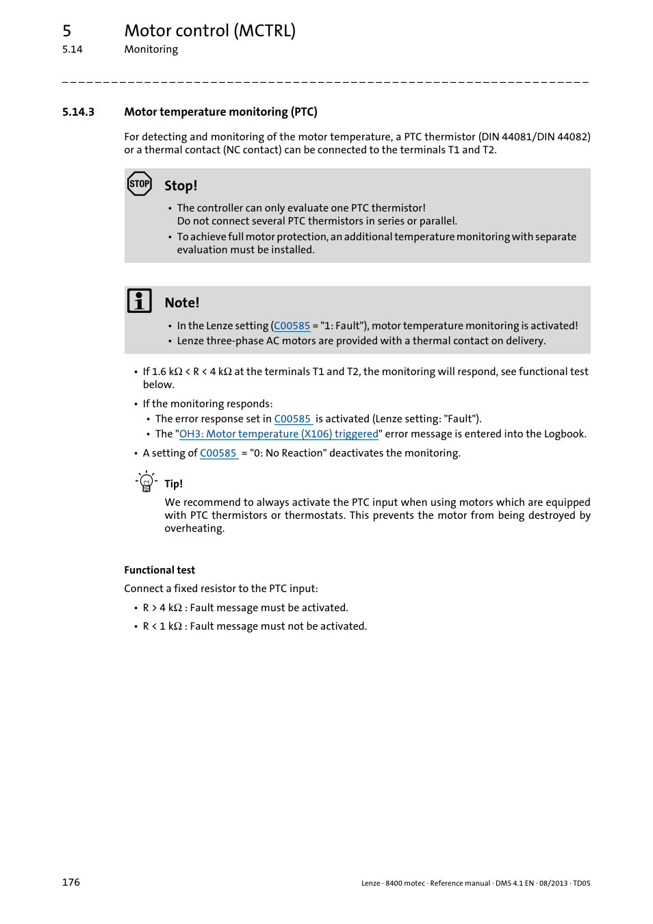 3 motor temperature monitoring (ptc), Motor temperature monitoring (ptc), Motor | Temperature monitoring (ptc), 5motor control (mctrl) | Lenze 8400 motec User Manual | Page 176 / 518