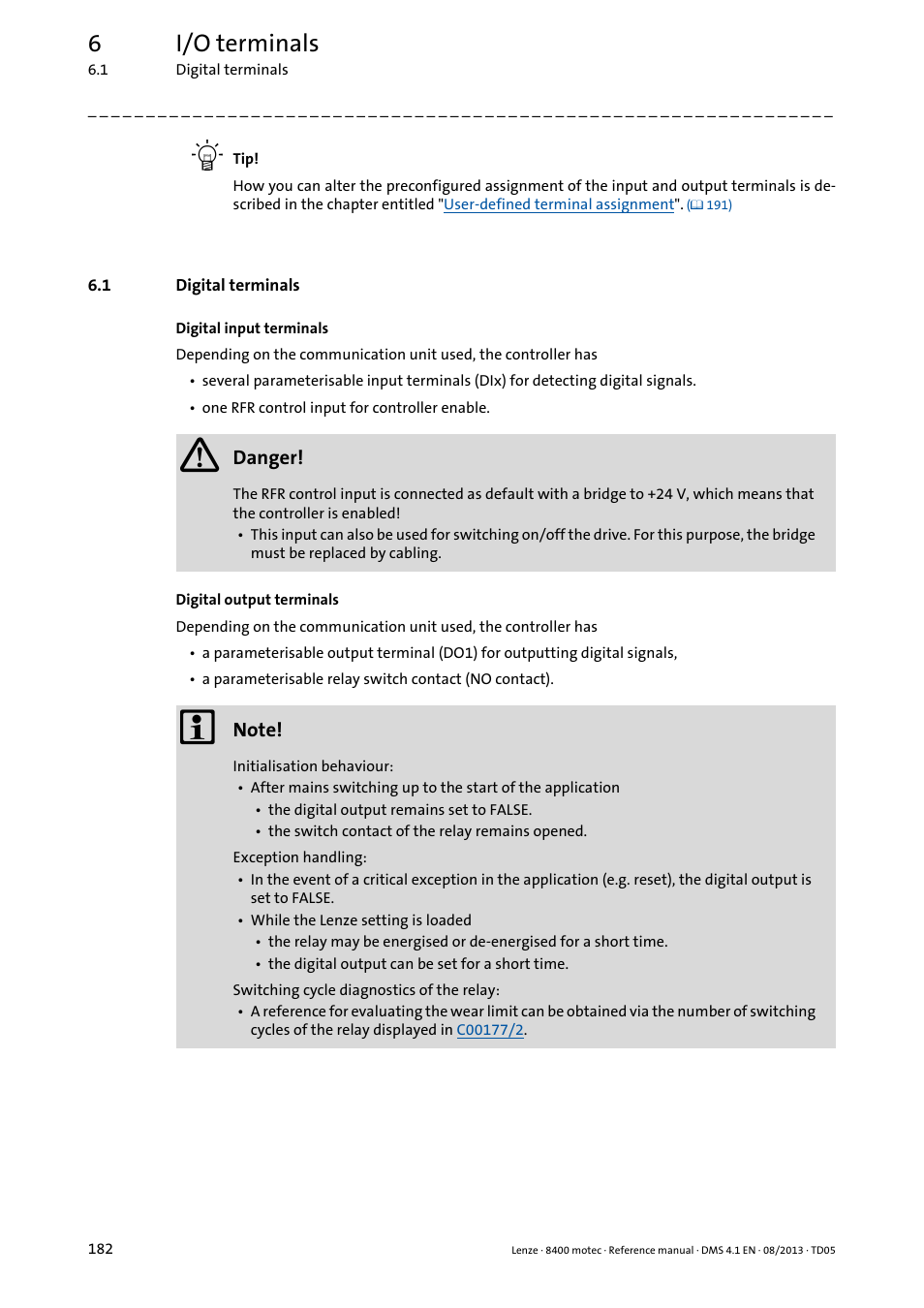 1 digital terminals, Digital terminals, 6i/o terminals | Lenze 8400 motec User Manual | Page 182 / 518
