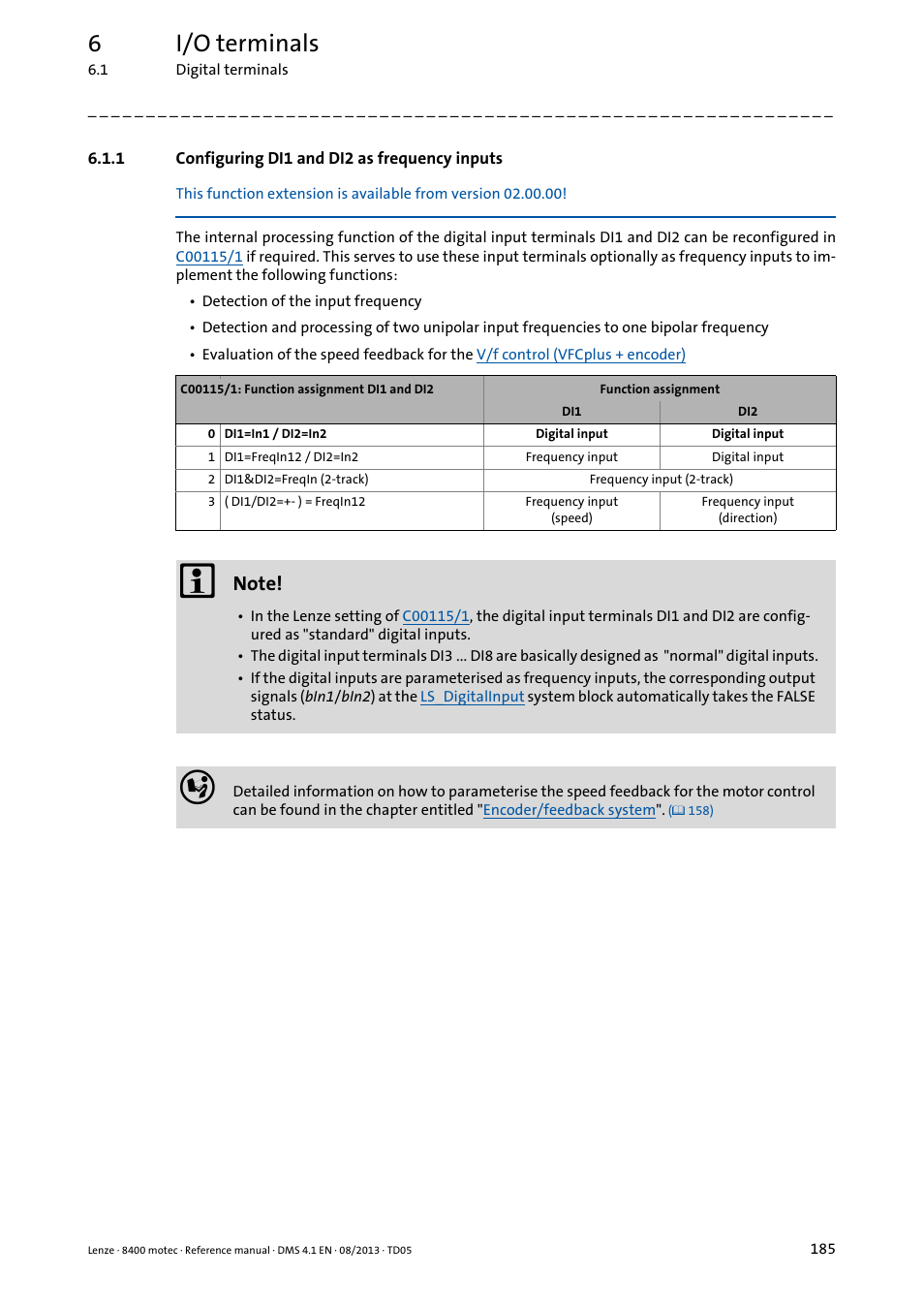 1 configuring di1 and di2 as frequency inputs, Configuring di1 and di2 as frequency inputs, Configuring di1 and di2 as | Frequency inputs, 6i/o terminals | Lenze 8400 motec User Manual | Page 185 / 518