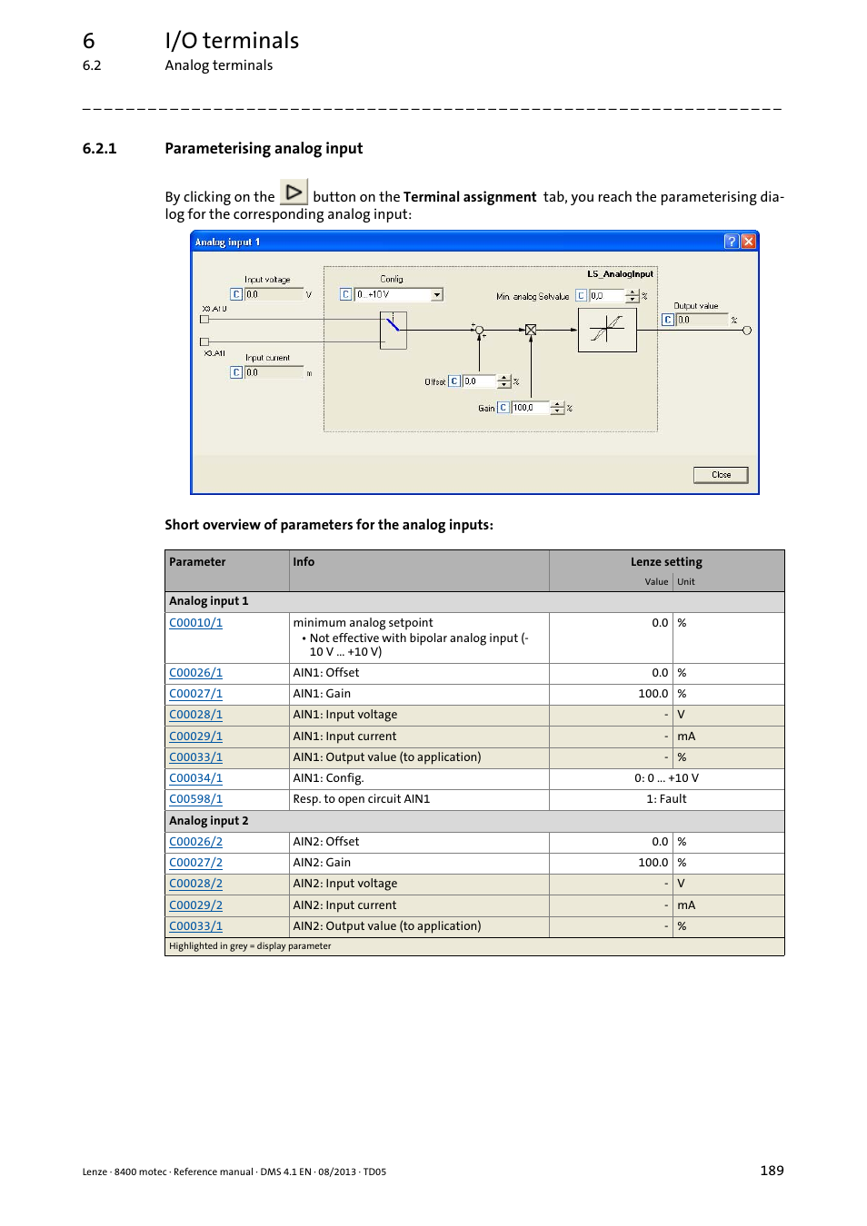 1 parameterising analog input, Parameterising analog input, Parameterising analog input ( 189) | 6i/o terminals | Lenze 8400 motec User Manual | Page 189 / 518