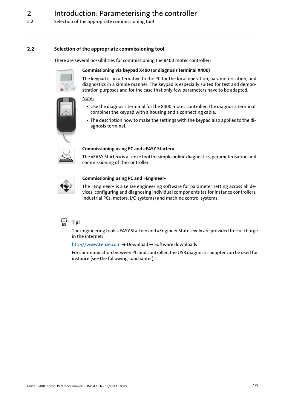 2 selection of the appropriate commissioning tool, Selection of the appropriate commissioning tool, 2introduction: parameterising the controller | Lenze 8400 motec User Manual | Page 19 / 518