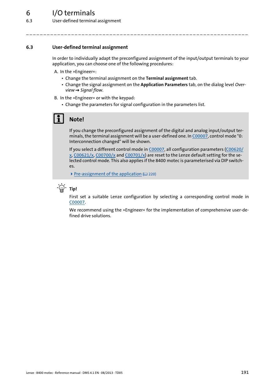 3 user-defined terminal assignment, User-defined terminal assignment, 6i/o terminals | Lenze 8400 motec User Manual | Page 191 / 518