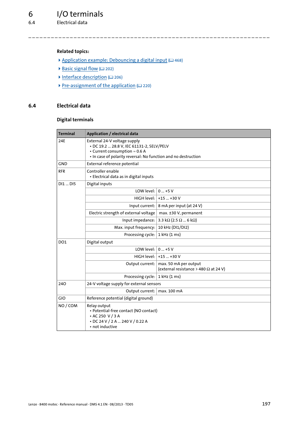 4 electrical data, Electrical data, 6i/o terminals | Lenze 8400 motec User Manual | Page 197 / 518