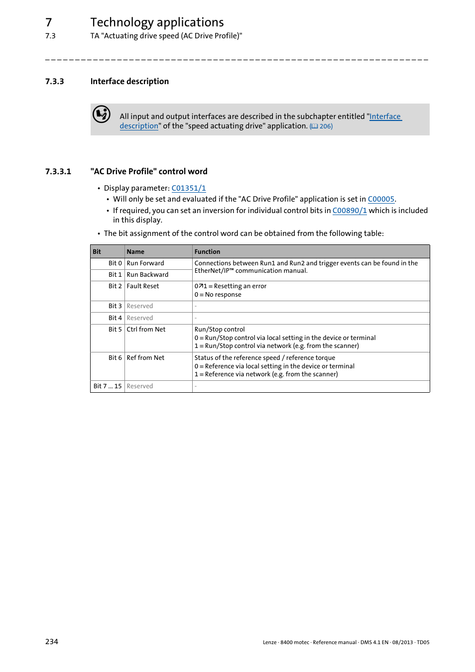 3 interface description, 1 "ac drive profile" control word, Interface description | Ac drive profile" control word, D as, Ac drive profile" control, Word, 7technology applications | Lenze 8400 motec User Manual | Page 234 / 518