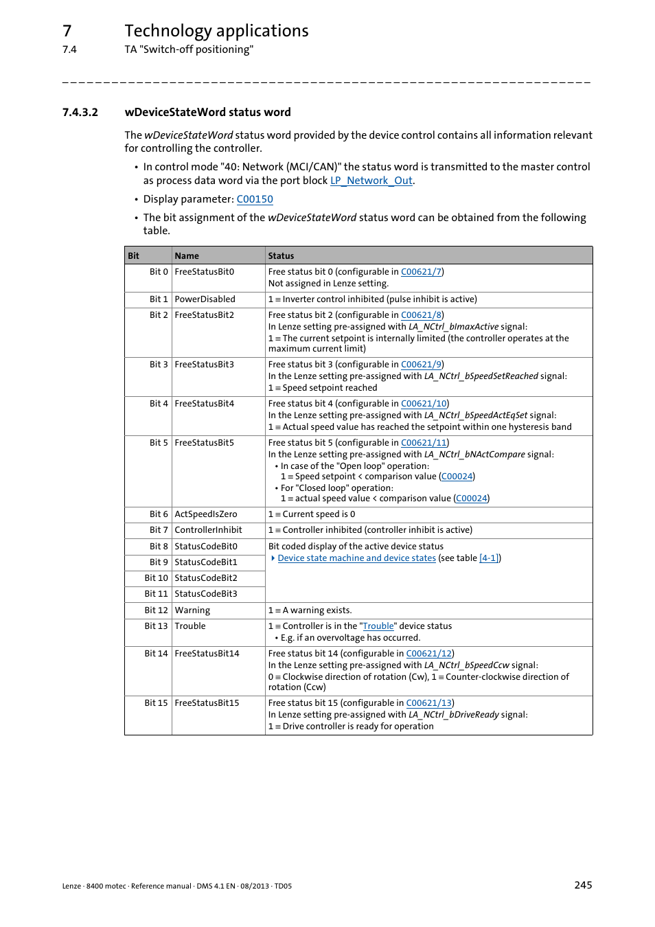 2 wdevicestateword status word, Wdevicestateword status word, 7technology applications | Lenze 8400 motec User Manual | Page 245 / 518