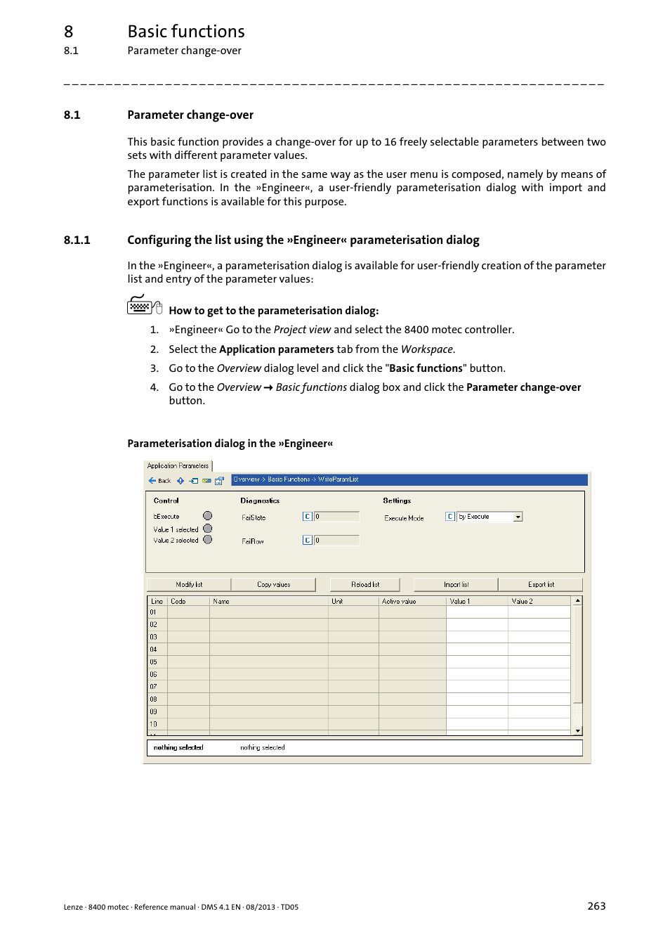 1 parameter change-over, Parameter change-over, Parameter | Change-over, Functio, Ls_writeparamlist, Functions, 8basic functions | Lenze 8400 motec User Manual | Page 263 / 518