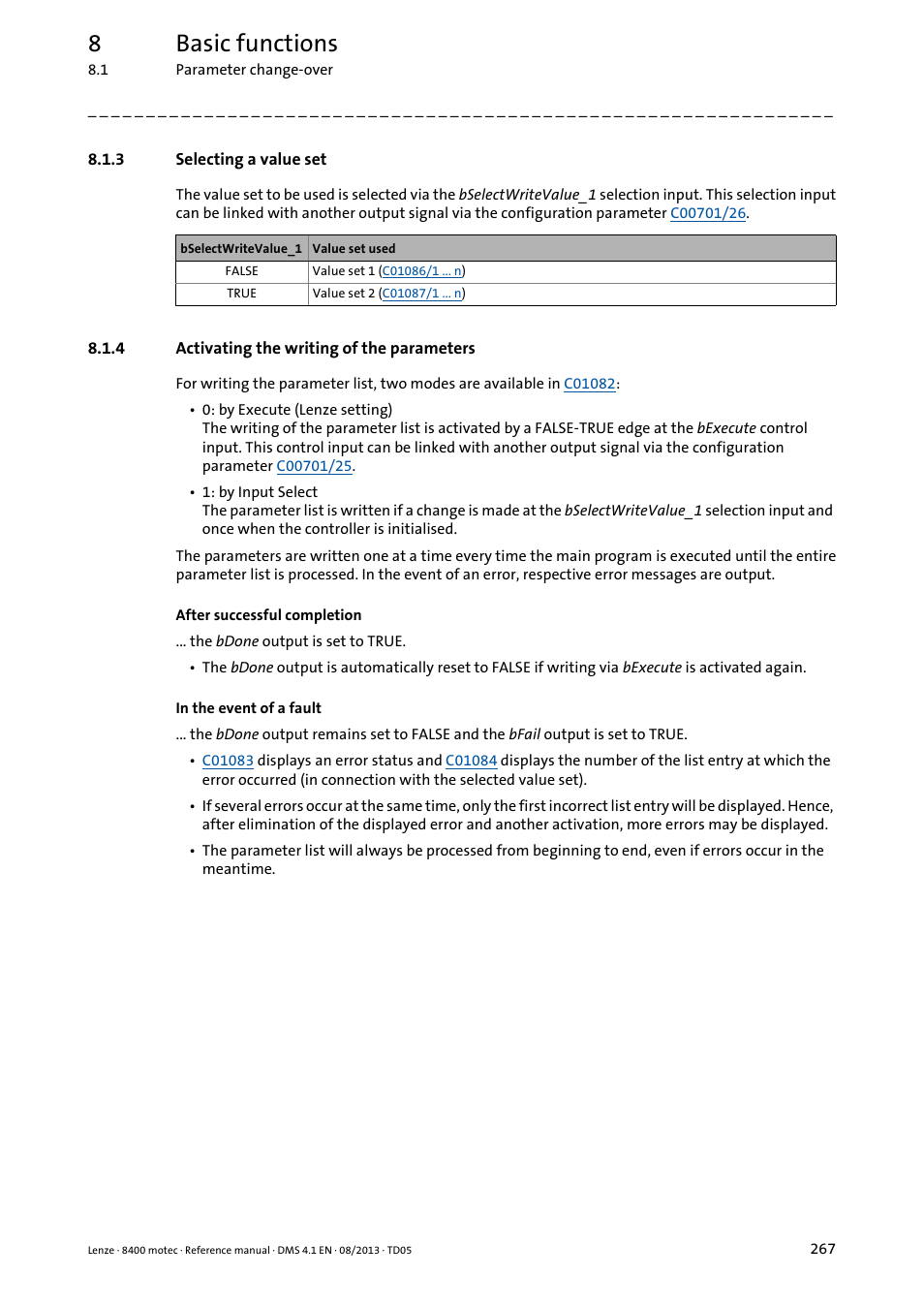 3 selecting a value set, 4 activating the writing of the parameters, Selecting a value set | Activating the writing of the parameters, 8basic functions | Lenze 8400 motec User Manual | Page 267 / 518