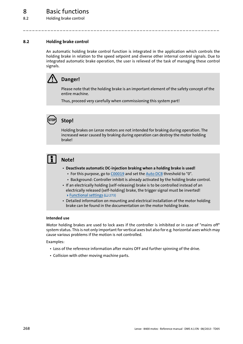 2 holding brake control, Holding brake control, E basic function | Holding brake, Control, The basic, Function, 8basic functions | Lenze 8400 motec User Manual | Page 268 / 518