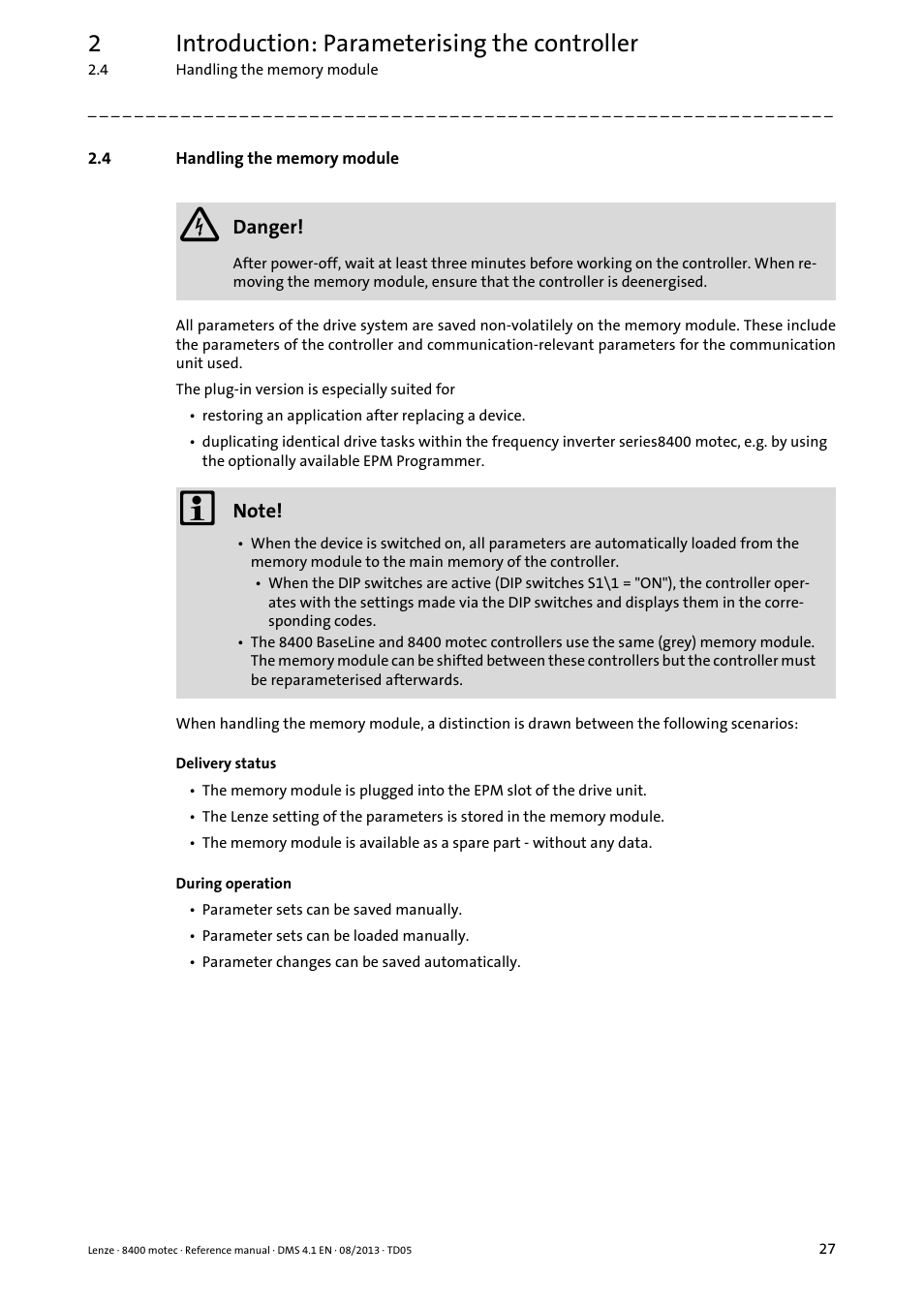 4 handling the memory module, Handling the memory module, 2introduction: parameterising the controller | Lenze 8400 motec User Manual | Page 27 / 518