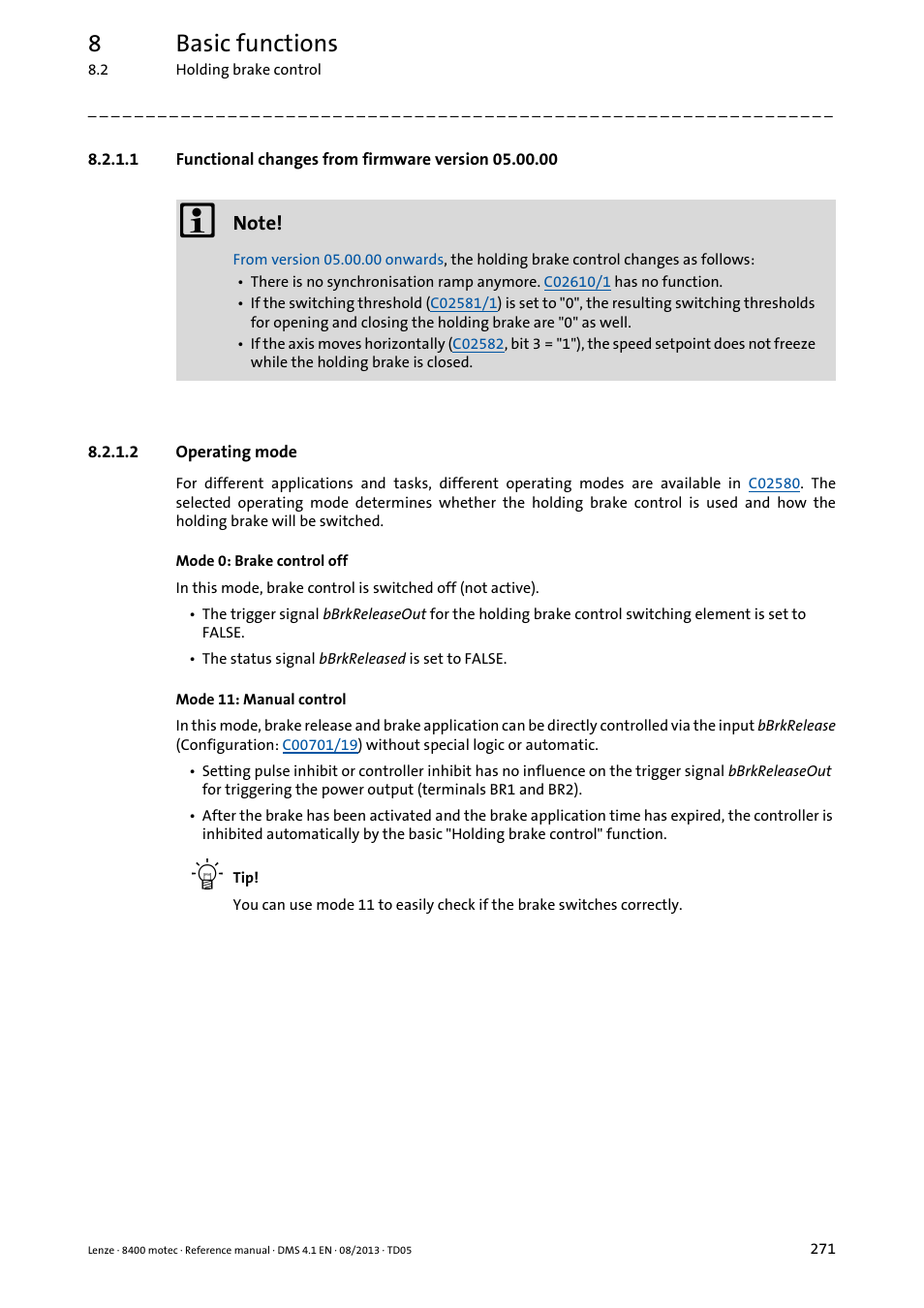 2 operating mode, Functional changes from firmware version 05.00.00, Operating mode | 8basic functions | Lenze 8400 motec User Manual | Page 271 / 518