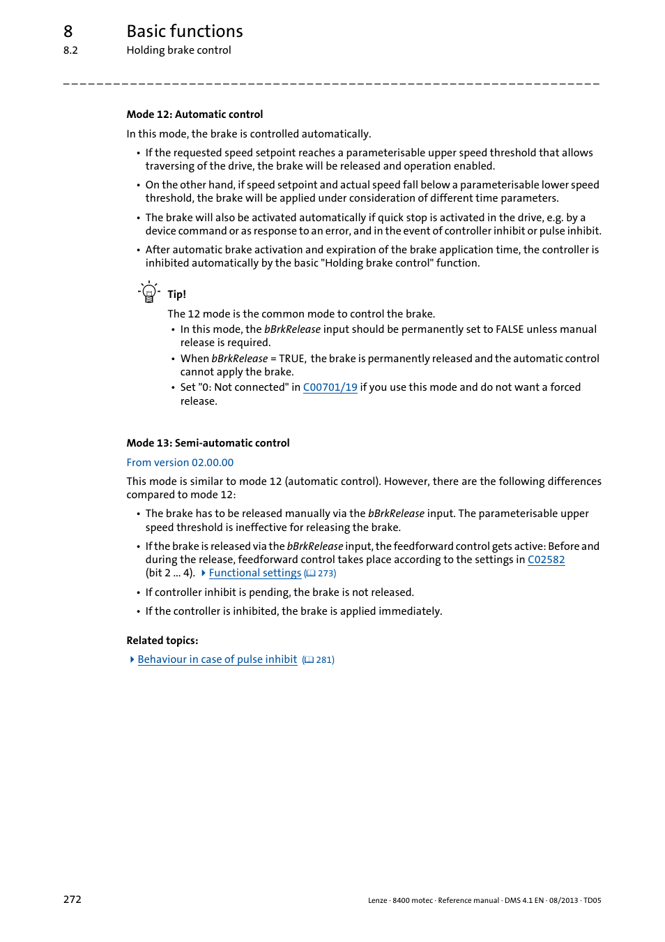 8basic functions | Lenze 8400 motec User Manual | Page 272 / 518
