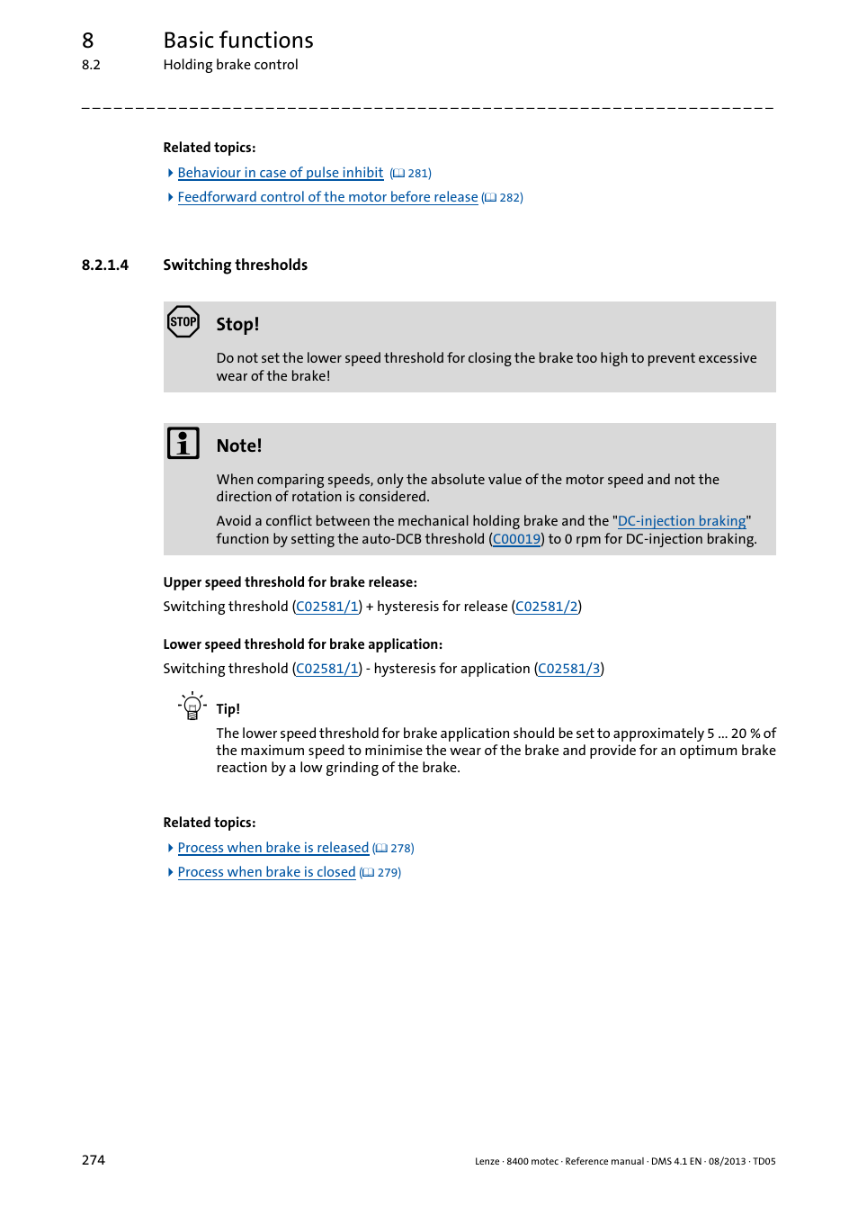4 switching thresholds, Switching thresholds, 8basic functions | Lenze 8400 motec User Manual | Page 274 / 518