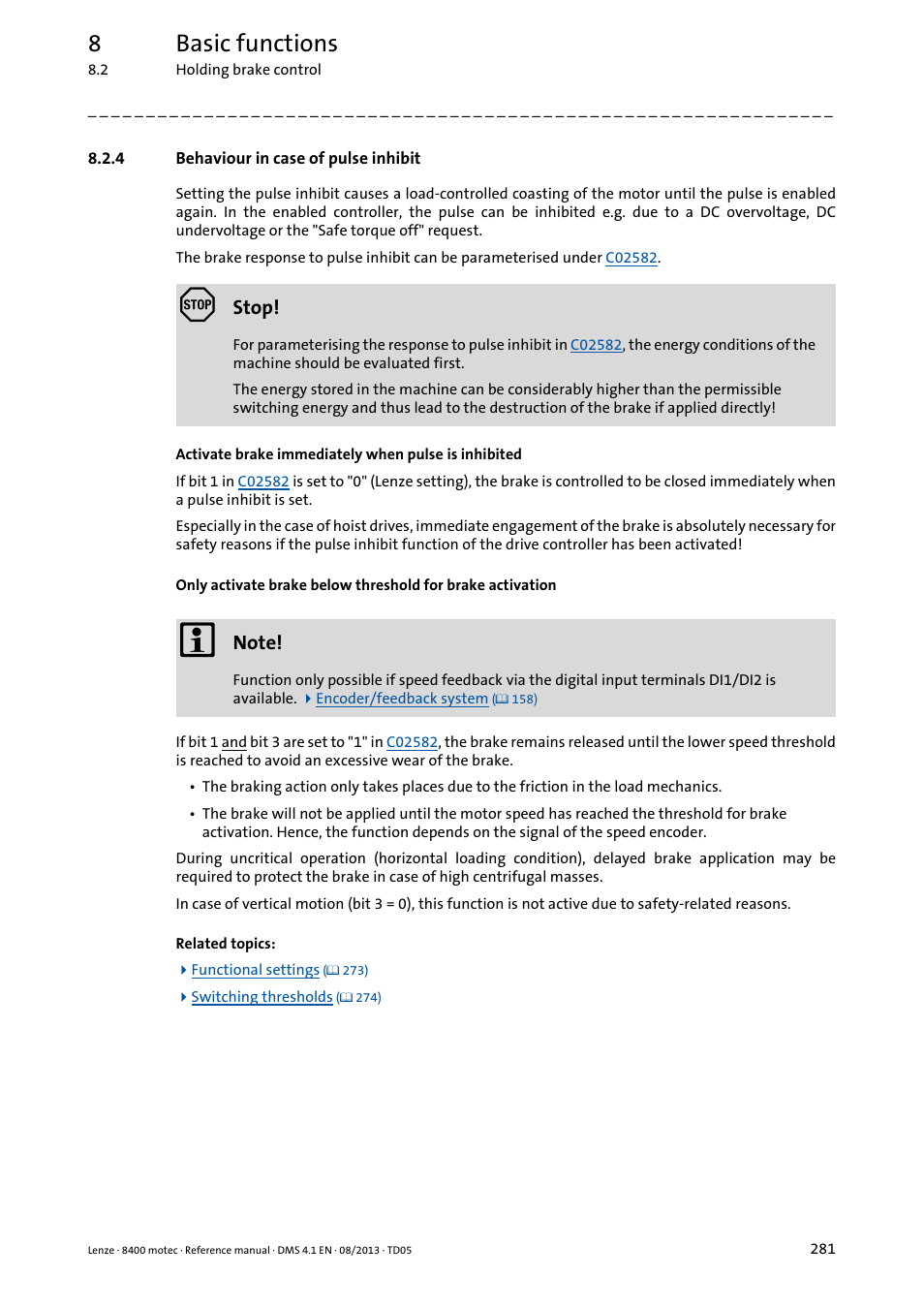 4 behaviour in case of pulse inhibit, Behaviour in case of pulse inhibit, 8basic functions | Lenze 8400 motec User Manual | Page 281 / 518