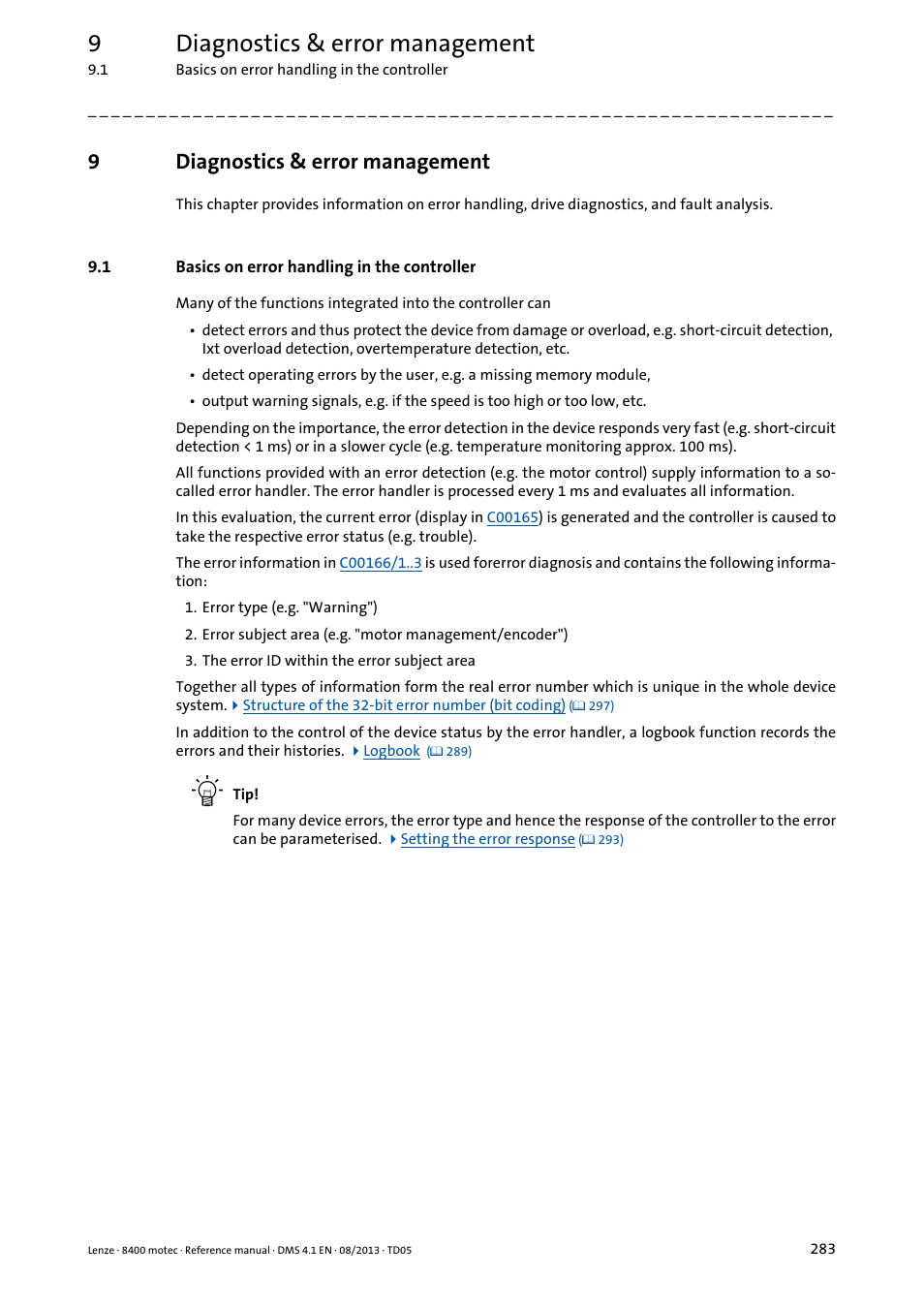 9 diagnostics & error management, 1 basics on error handling in the controller, Diagnostics & error management | Basics on error handling in the controller, Diagnostics & er, Ror management, Diagnostics, Error management, 9diagnostics & error management | Lenze 8400 motec User Manual | Page 283 / 518