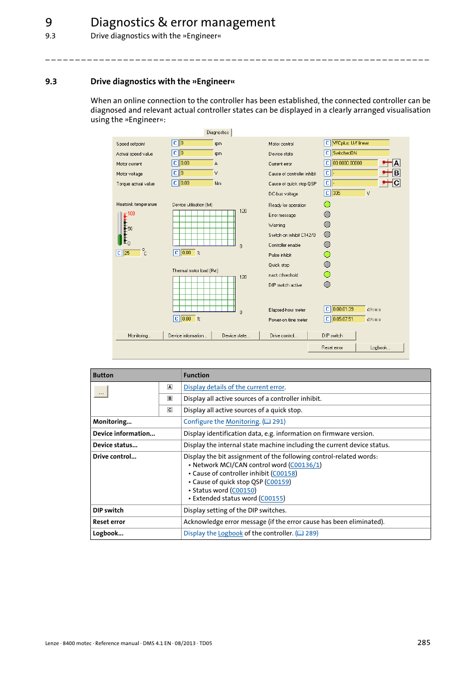 3 drive diagnostics with the »engineer, Drive diagnostics with the »engineer, 9diagnostics & error management | Lenze 8400 motec User Manual | Page 285 / 518