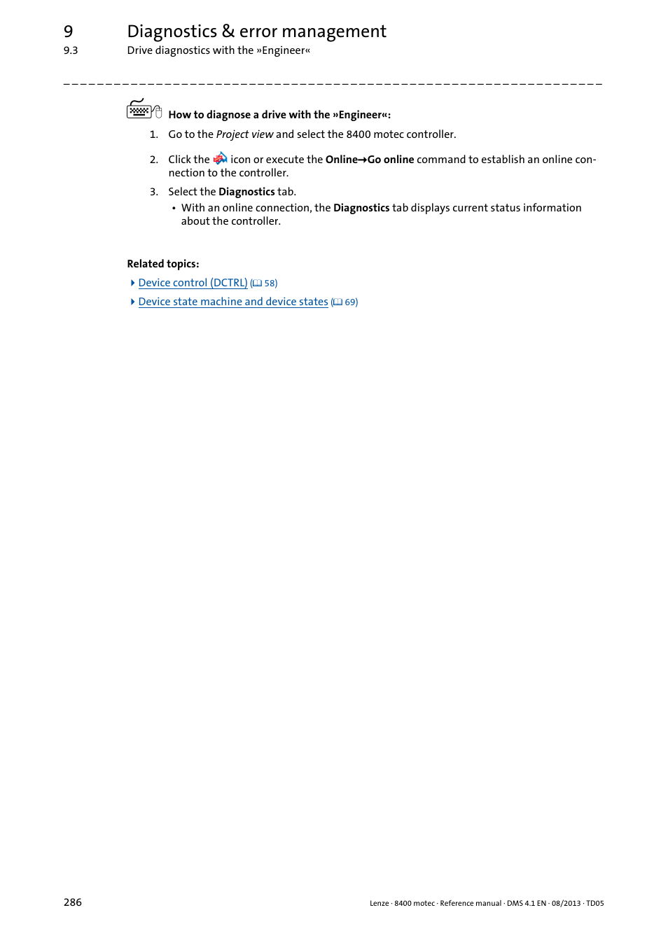 9diagnostics & error management | Lenze 8400 motec User Manual | Page 286 / 518