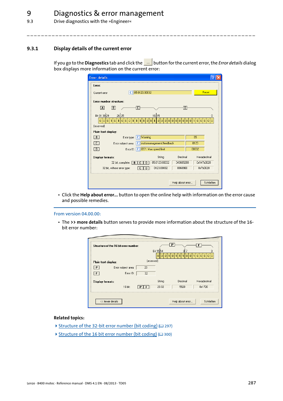 1 display details of the current error, Display details of the current error, 9diagnostics & error management | Lenze 8400 motec User Manual | Page 287 / 518