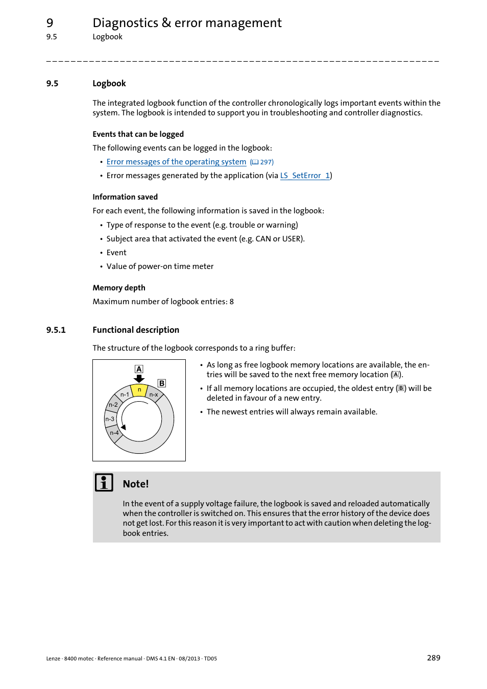5 logbook, 1 functional description, Logbook | Functional description, Y the logbook, 9diagnostics & error management | Lenze 8400 motec User Manual | Page 289 / 518