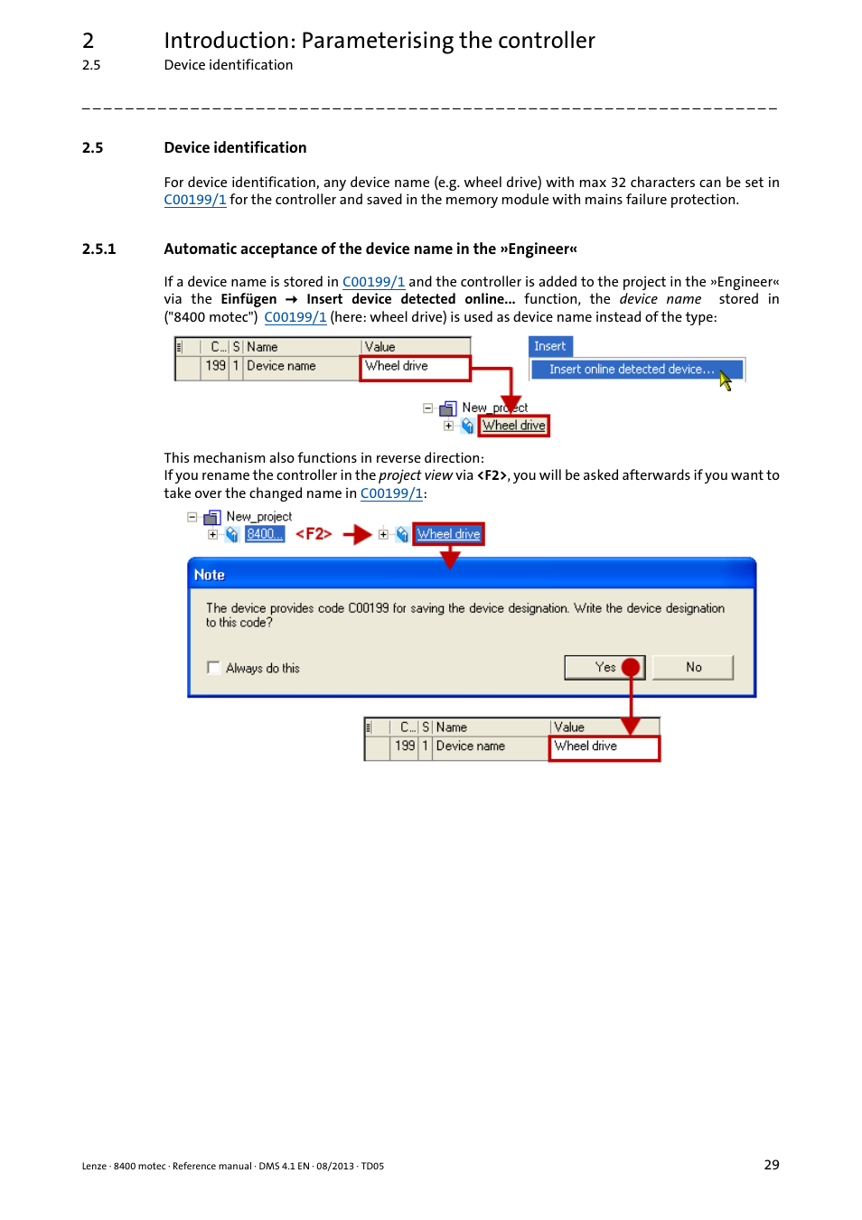 5 device identification, Device identification, 2introduction: parameterising the controller | Lenze 8400 motec User Manual | Page 29 / 518