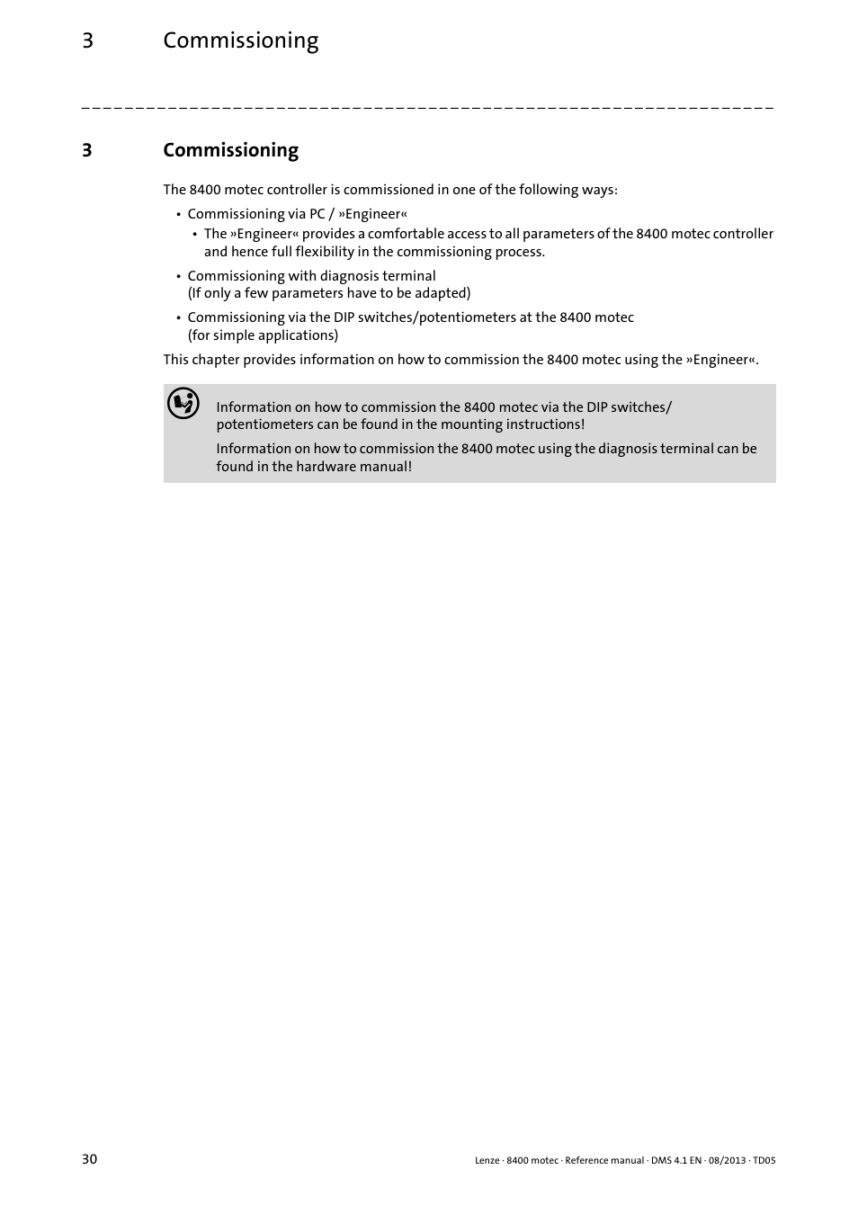 3 commissioning, Commissioning, 3commissioning | Lenze 8400 motec User Manual | Page 30 / 518