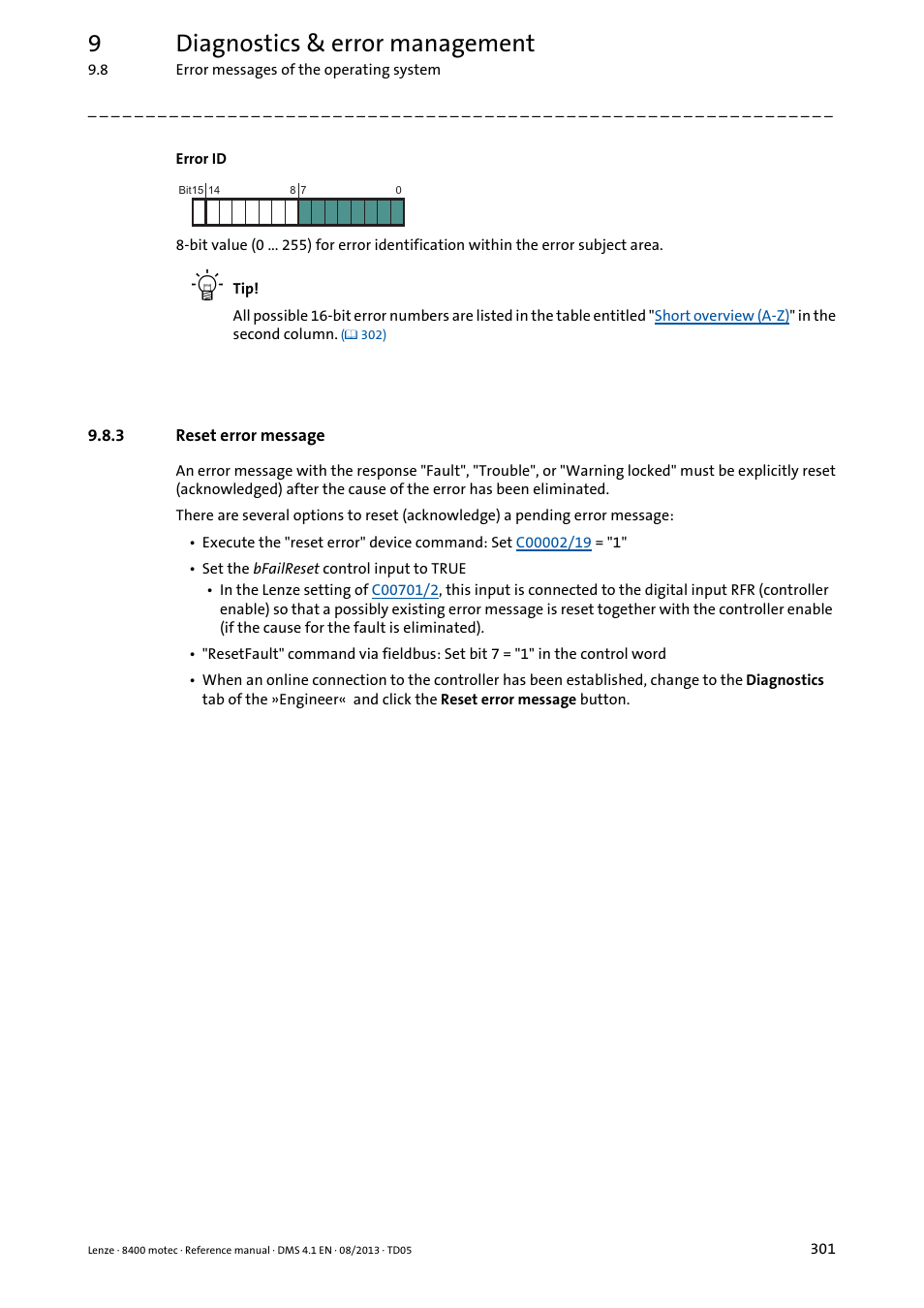 3 reset error message, Reset error message, 9diagnostics & error management | Lenze 8400 motec User Manual | Page 301 / 518